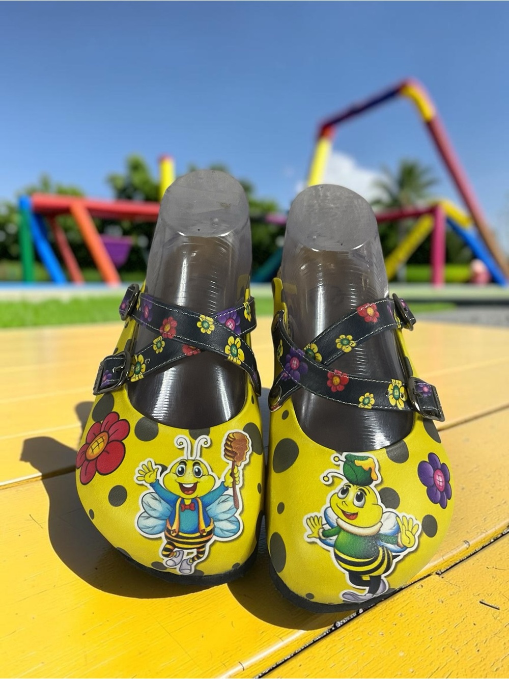 Kids Calceo Yellow Bee Print Mary Jane Clogs w/Cork Style Sole Size EU 35/US 3.5